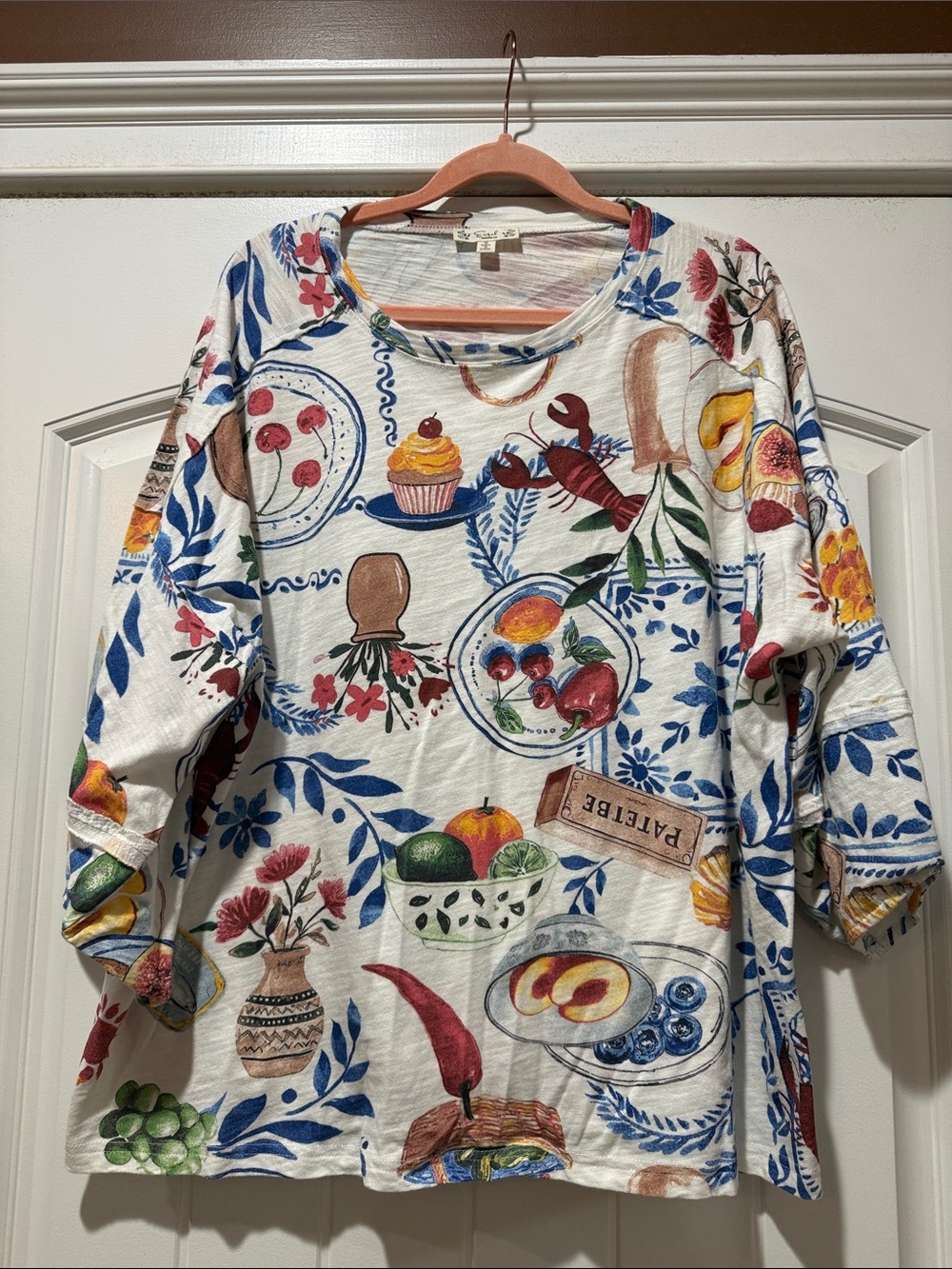 easel White Long Sleeve Tee with Multicolor Food & Floral Prints